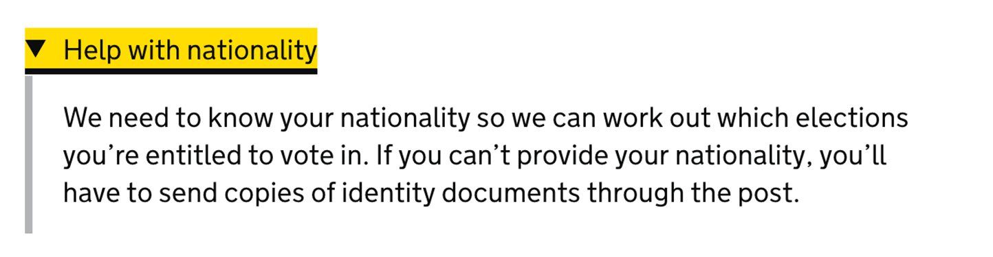 A focused details component. In the examples, the expandable text reads "Help with nationality" and beneath is an explanation of why the user is being asked for this information.